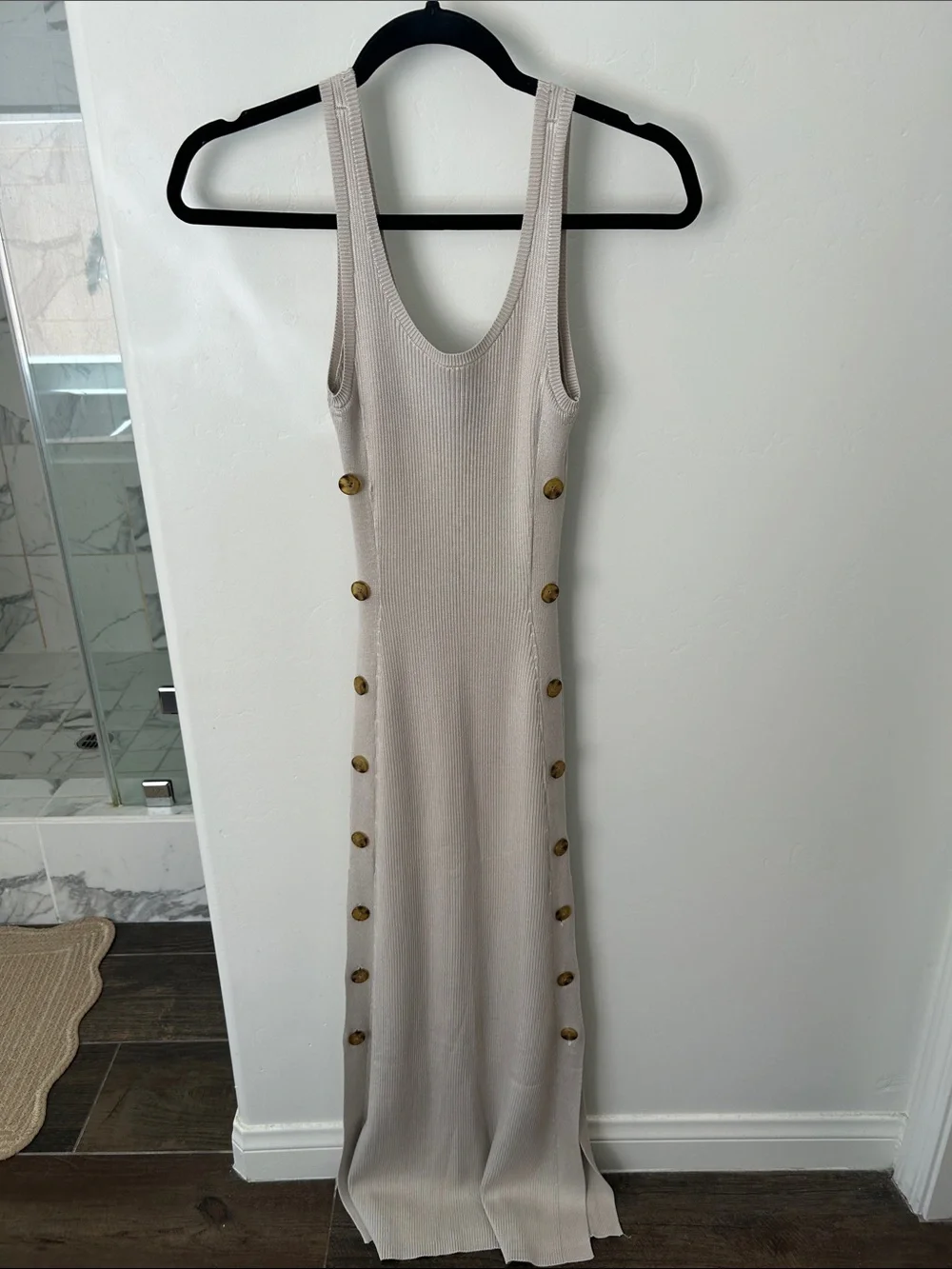 Abercrombie Sleeveless Beige Ribbed Maxi Dress with Side Button Detail